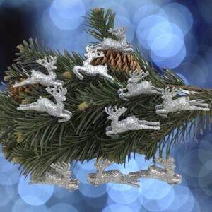 10 Silver Leaping Reindeer Mini Christmas Tree Ornaments Glitter